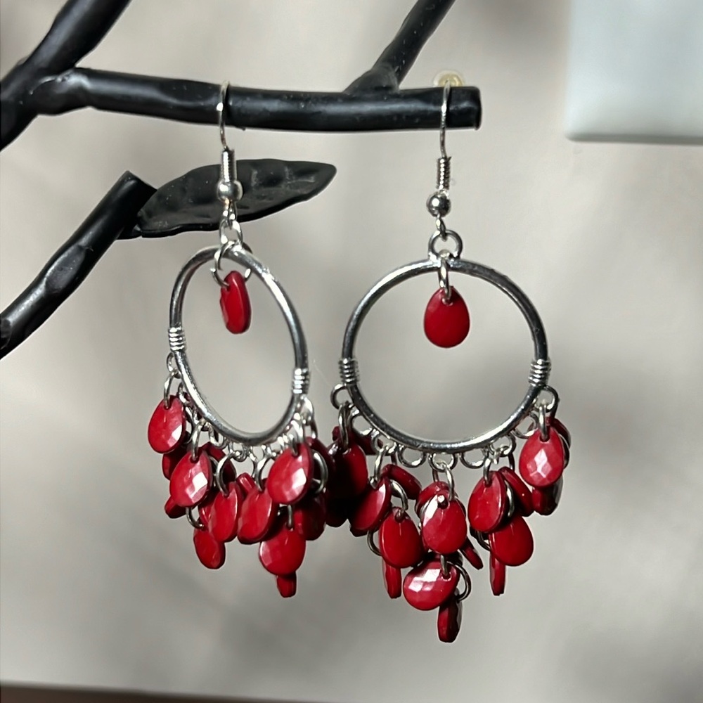 Red Bead Dangle Earrings. 2” Drop